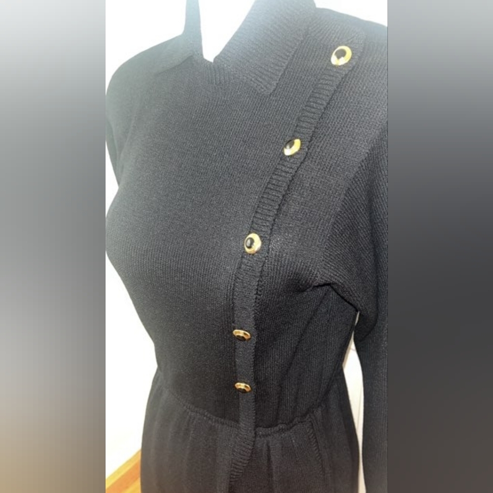 Black St. John Knit Sweater Dress with Gold Button Accents
